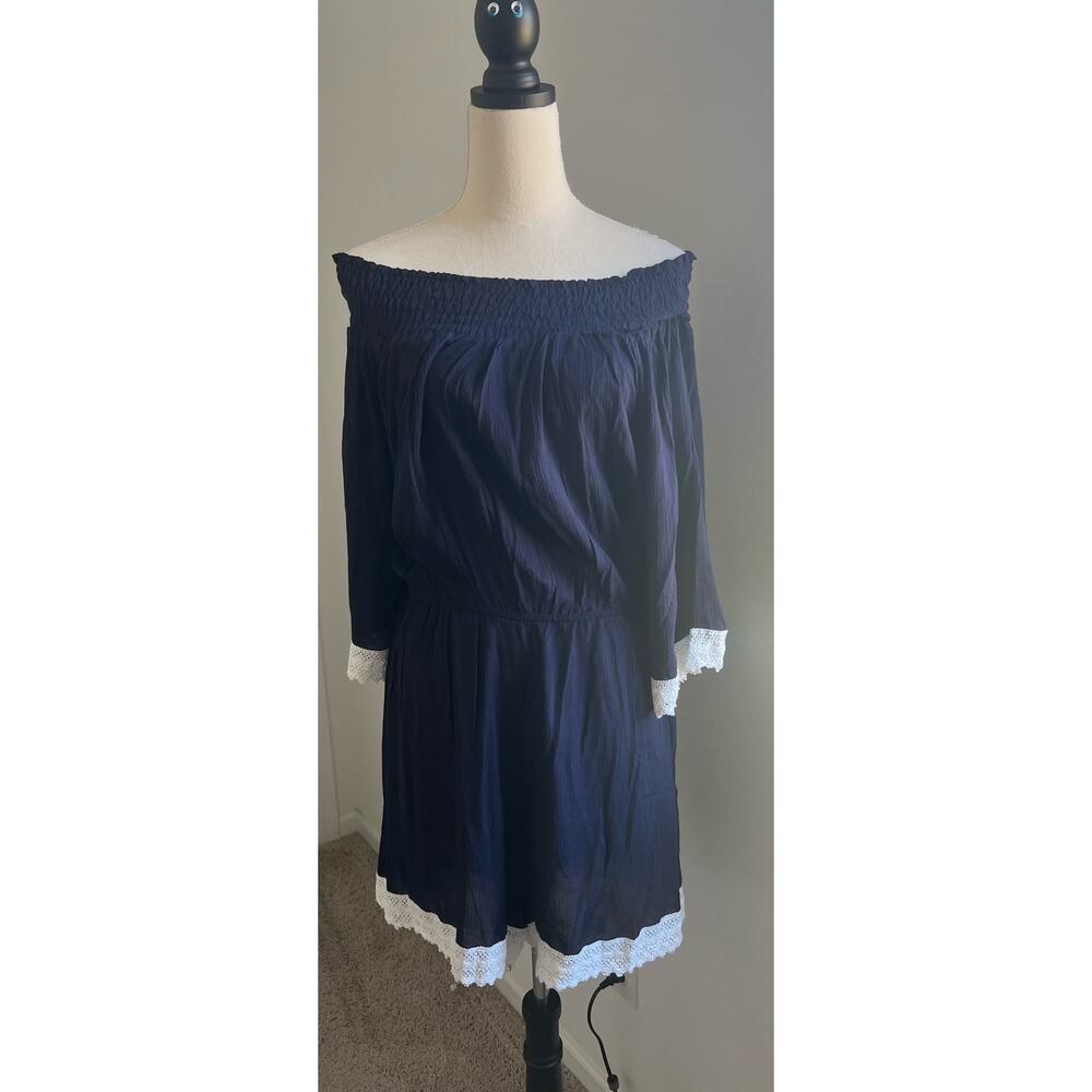 NWT Riviera Sun Blue White‎ Lace Trim 3/4 Sleeves Off Shoulder Romper Shorts 2X